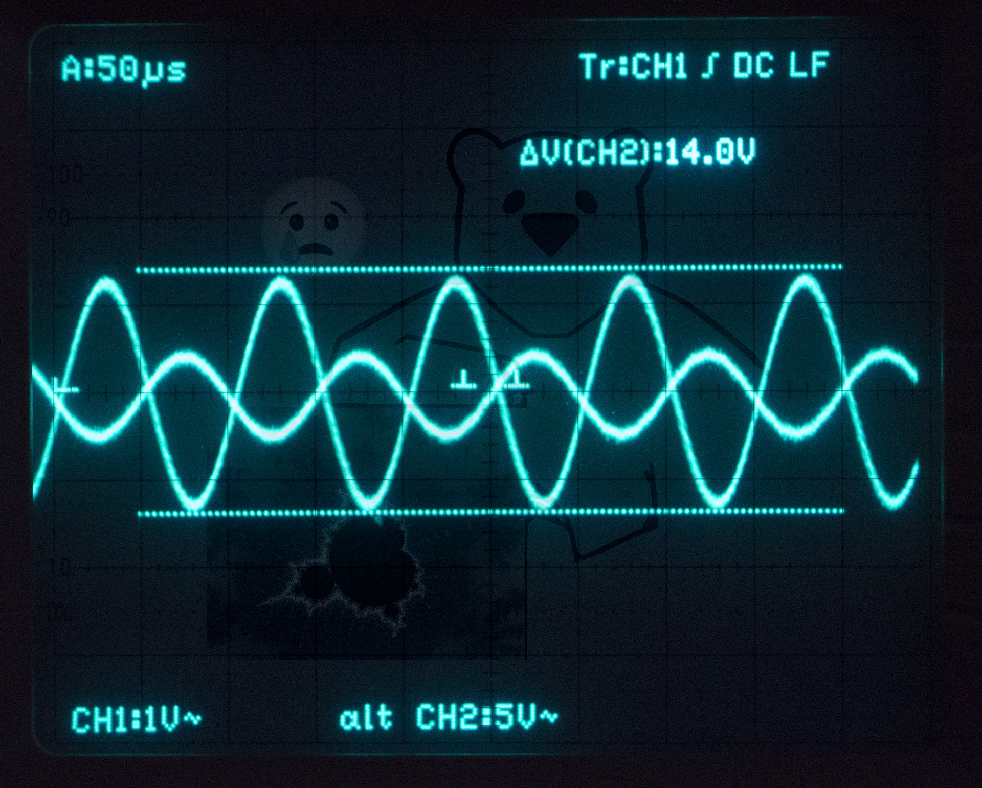 Die Modulation der Liebenröhre mit einem Sinus 1 Vss mit 10 kHz, Verstärkungsfaktor ca. 14